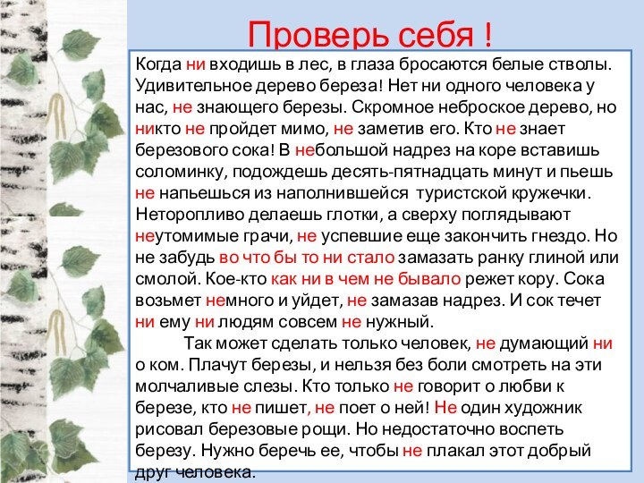 Проверь себя !Когда ни входишь в лес, в глаза бросаются белые стволы.