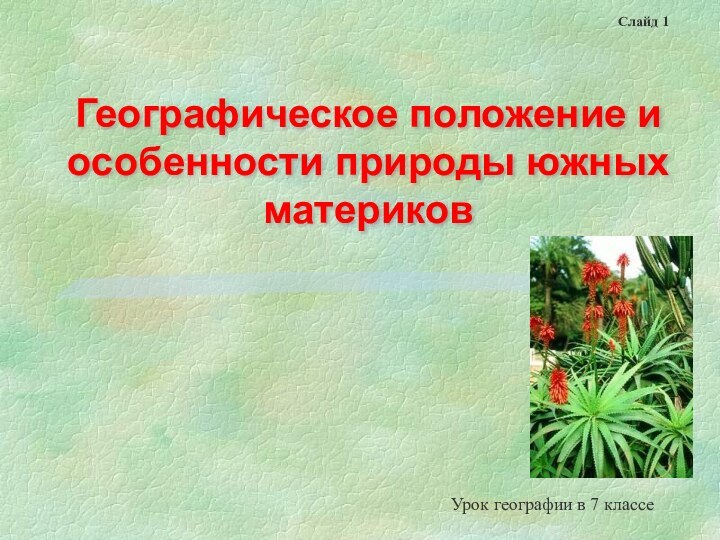 Географическое положение и особенности природы южных материковУрок географии в 7 классеСлайд 1