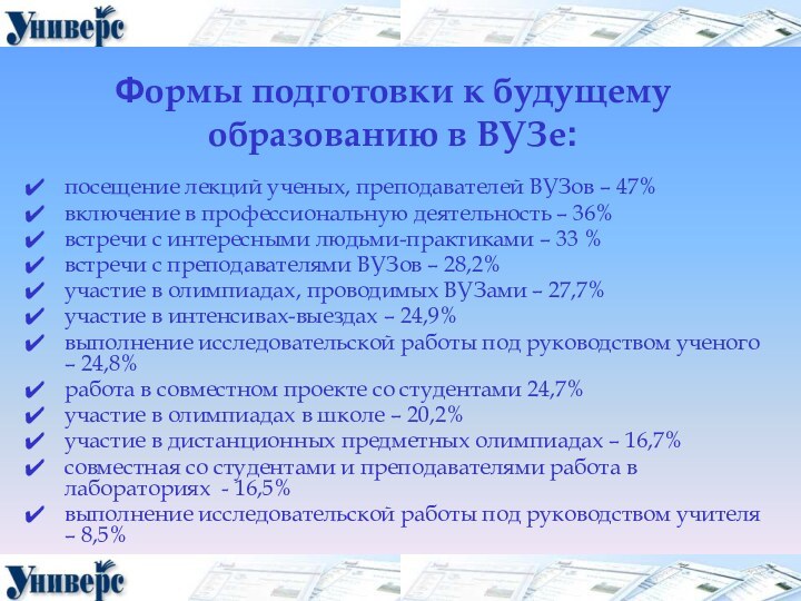 Формы подготовки к будущему образованию в ВУЗе:  посещение лекций ученых, преподавателей