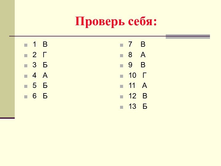 Проверь себя:1  В 2  Г3  Б 4  А5