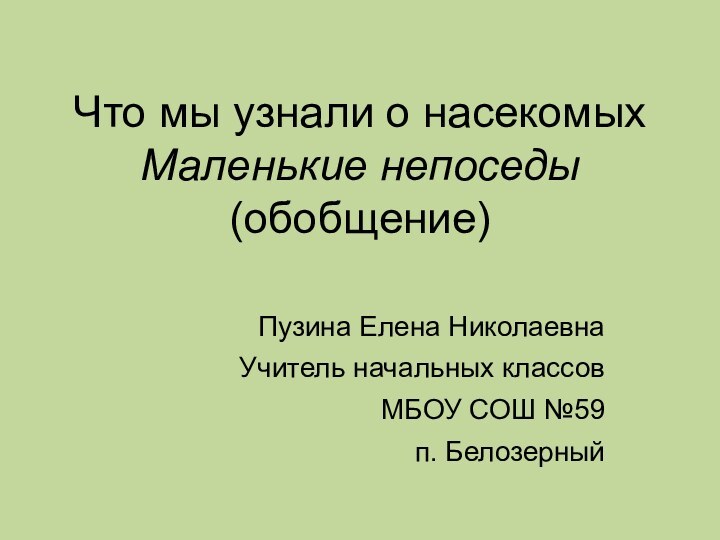 Что мы узнали о насекомых Маленькие непоседы (обобщение)Пузина Елена НиколаевнаУчитель начальных классовМБОУ СОШ №59п. Белозерный