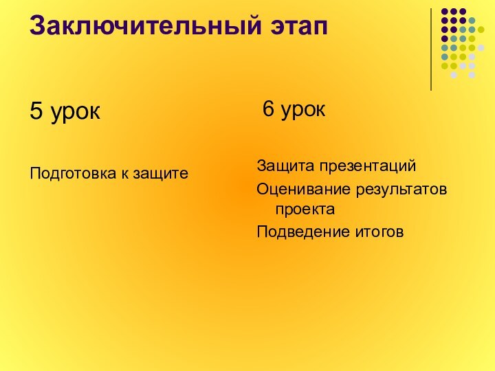 Заключительный этап5 урокПодготовка к защите 6 урокЗащита презентацийОценивание результатов проектаПодведение итогов