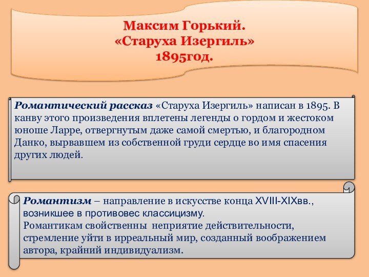 Максим Горький. «Старуха Изергиль» 1895год.Романтический рассказ «Старуха Изергиль» написан в 1895. В