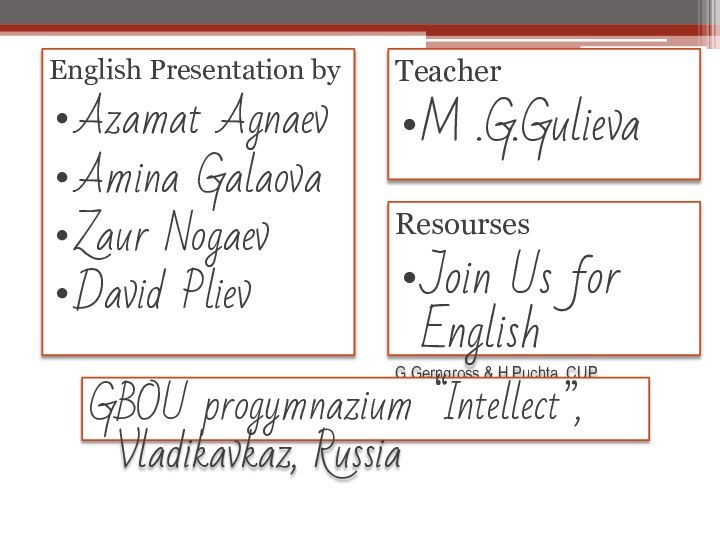 English Presentation byAzamat AgnaevAmina GalaovaZaur NogaevDavid PlievTeacherM .G.GulievaResoursesJoin Us for EnglishG.Gerngross &