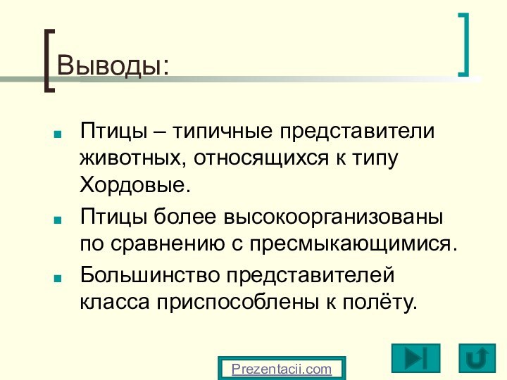 Выводы:Птицы – типичные представители животных, относящихся к типу Хордовые.Птицы более высокоорганизованы по