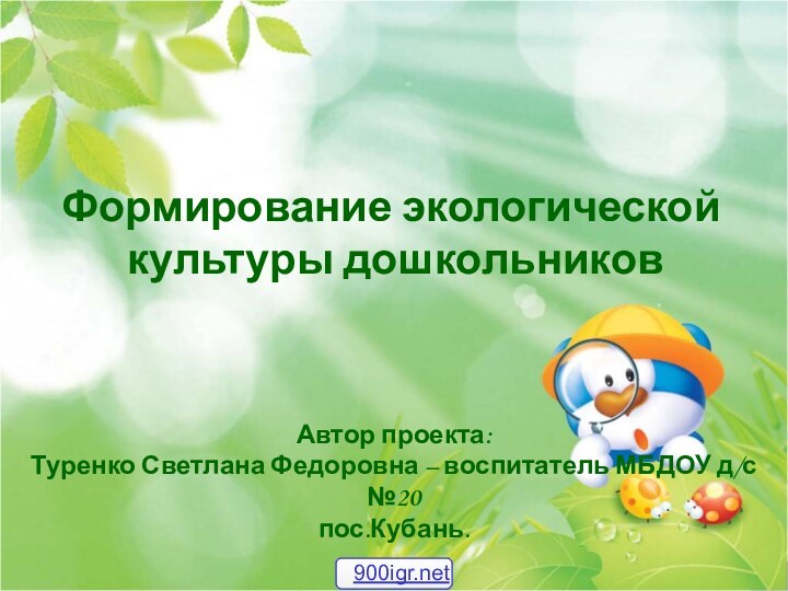 Автор проекта:Туренко Светлана Федоровна – воспитатель МБДОУ д/с №20пос.Кубань.Формирование экологической культуры дошкольников