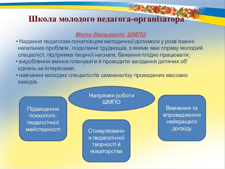 Школа молодого педагога-організатораМета діяльності ШМПО Надання педагогам-початківцям методичної допомоги у розв’язанні нагальних