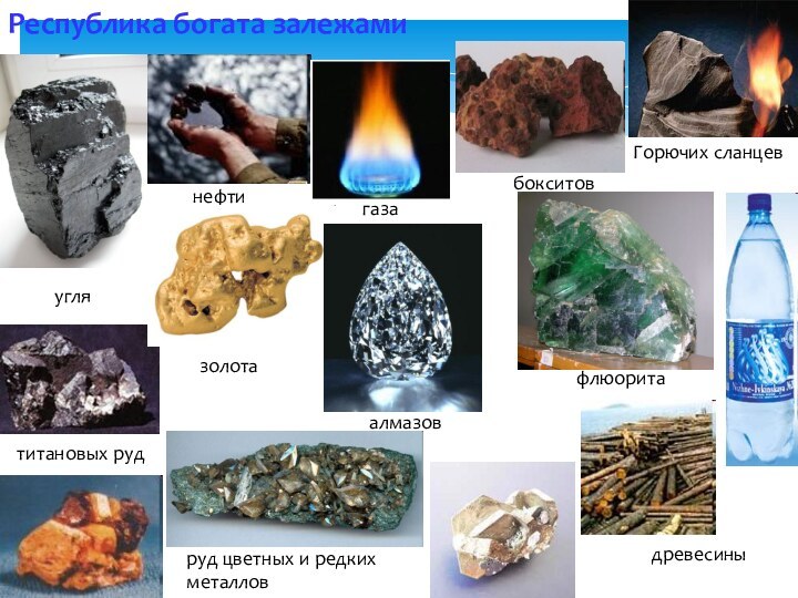 Республика богата залежамиуглянефтигазабокситовтитановых рудзолотаалмазовфлюоритаГорючих сланцевдревесиныруд цветных и редких металлов