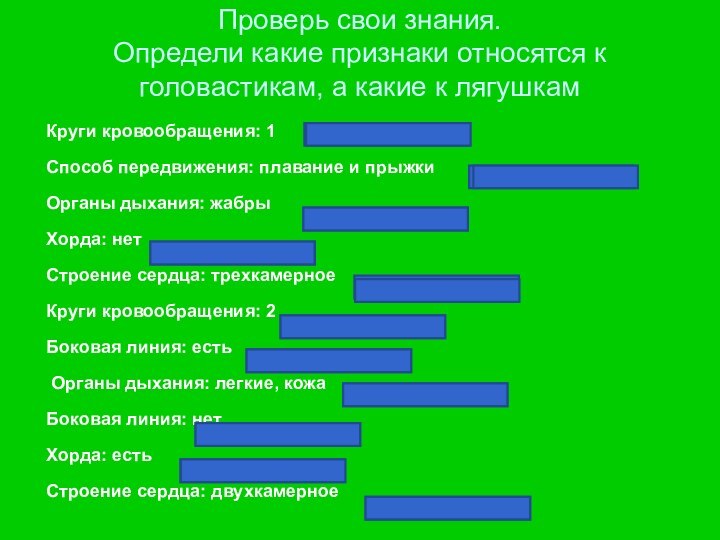 Проверь свои знания. Определи какие признаки относятся к головастикам, а какие к