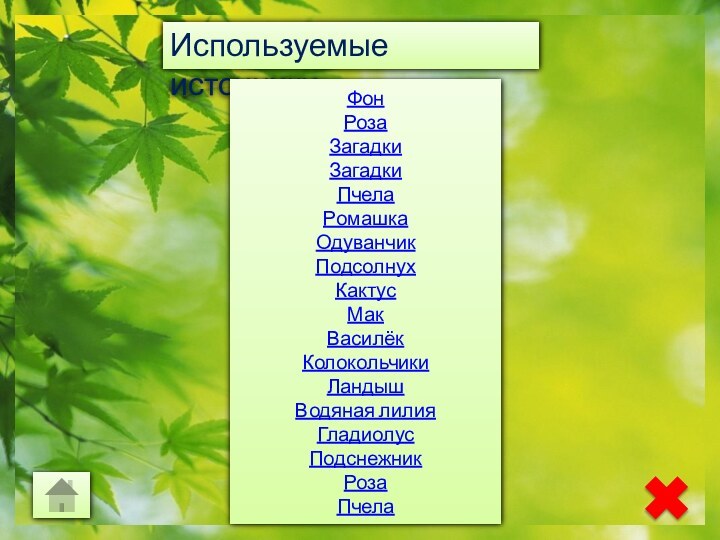 Используемые источники:ФонРозаЗагадкиЗагадкиПчелаРомашкаОдуванчикПодсолнухКактусМакВасилёкКолокольчикиЛандышВодяная лилияГладиолусПодснежникРозаПчела