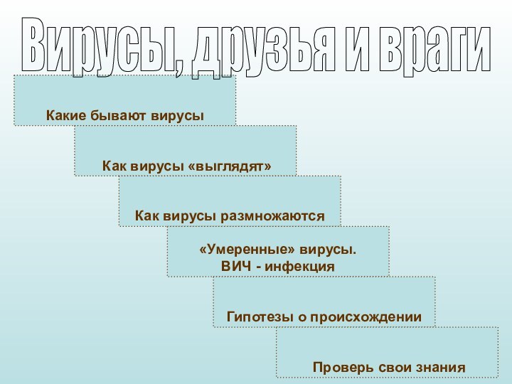 Какие бывают вирусы Как вирусы «выглядят»Как вирусы размножаются«Умеренные» вирусы.ВИЧ - инфекцияГипотезы о