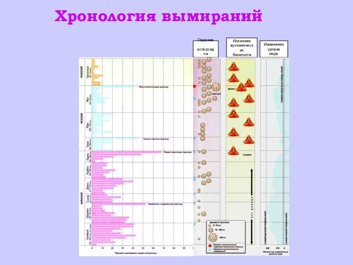 Хронология вымиранийПадение астероидов и кометИзлияние вулканических базальтовИзменения уровня моря