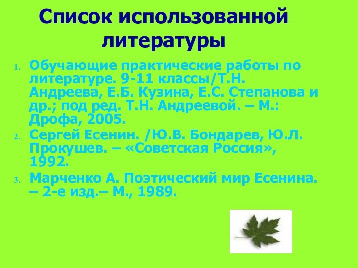 Список использованной литературыОбучающие практические работы по литературе. 9-11 классы/Т.Н. Андреева, Е.Б. Кузина,