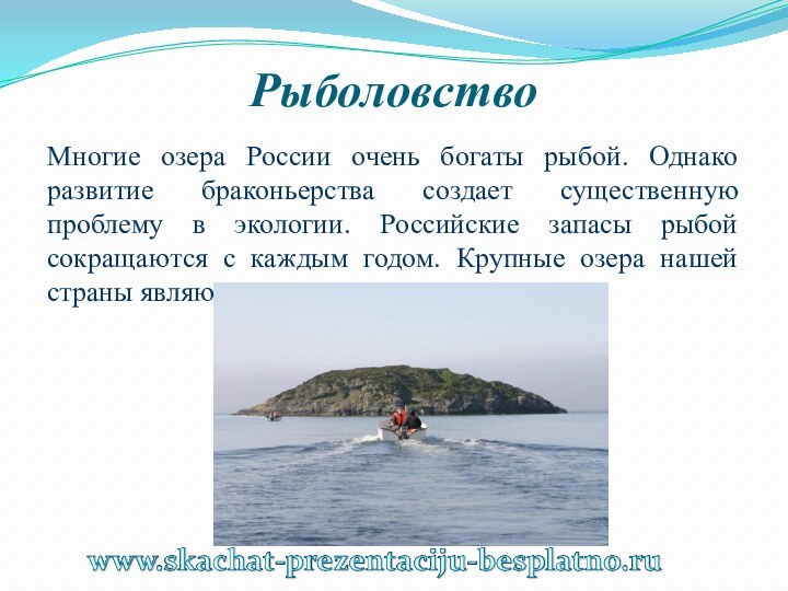 Рыболовство Многие озера России очень богаты рыбой. Однако развитие браконьерства создает существенную