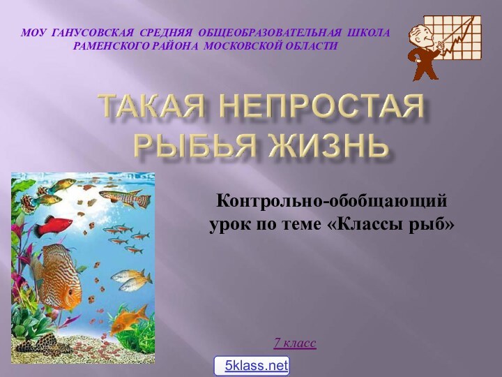 Контрольно-обобщающий урок по теме «Классы рыб»МОУ ГАНУСОВСКАЯ СРЕДНЯЯ ОБЩЕОБРАЗОВАТЕЛЬНАЯ ШКОЛАРАМЕНСКОГО РАЙОНА МОСКОВСКОЙ ОБЛАСТИ7 класс