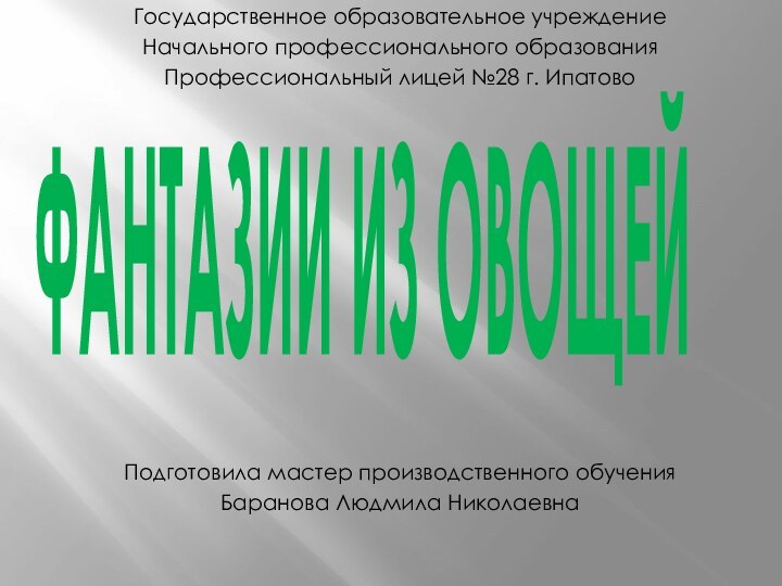 ФАНТАЗИИ ИЗ ОВОЩЕЙГосударственное образовательное учреждение Начального профессионального образованияПрофессиональный лицей №28 г. ИпатовоПодготовила