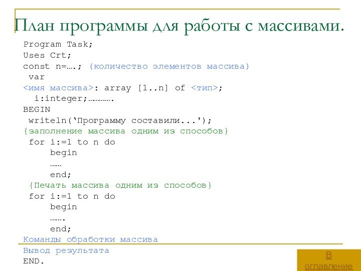 План программы для работы с массивами.В оглавлениеProgram Task;Uses Crt;const n=….; (количество элементов