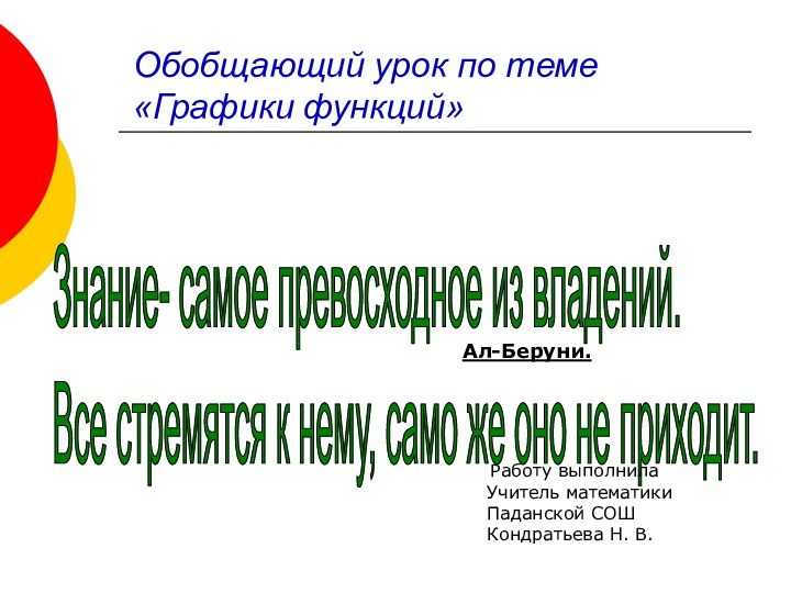 Обобщающий урок по теме «Графики функций» Знание- самое превосходное из владений.