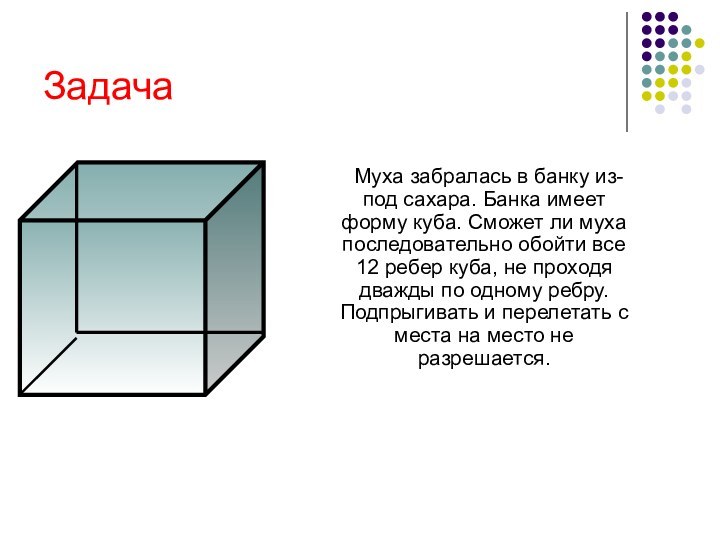 Задача 	Муха забралась в банку из- под сахара. Банка имеет форму куба.