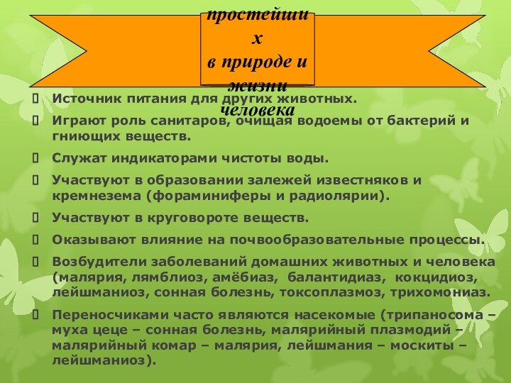 Значение простейших в природе и жизни человекаИсточник питания для других животных. Играют