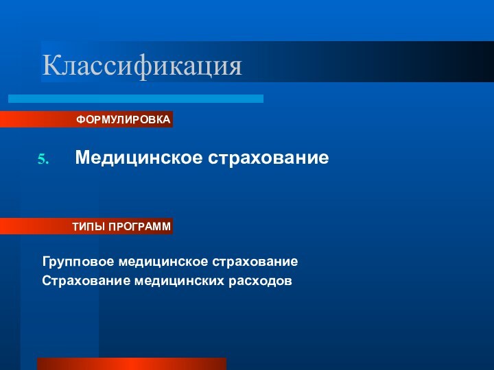 КлассификацияМедицинское страхование ФОРМУЛИРОВКАТИПЫ ПРОГРАММГрупповое медицинское страхованиеСтрахование медицинских расходов