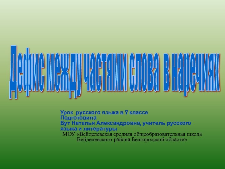 Дефис между частями слова в наречиях Урок русского языка в 7 классеПодготовила