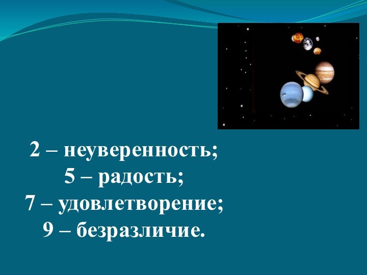 2 – неуверенность;5 – радость;7 – удовлетворение;9 – безразличие.