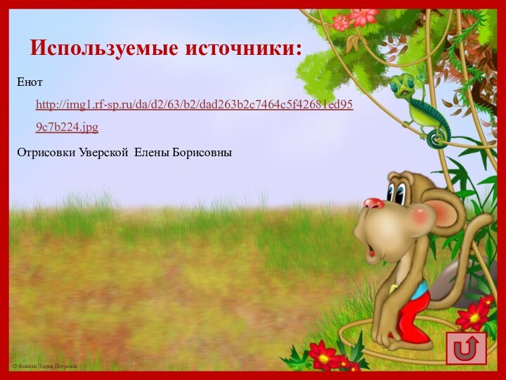 Используемые источники:Енот http://img1.rf-sp.ru/da/d2/63/b2/dad263b2c7464c5f42681ed959c7b224.jpg Отрисовки Уверской Елены Борисовны