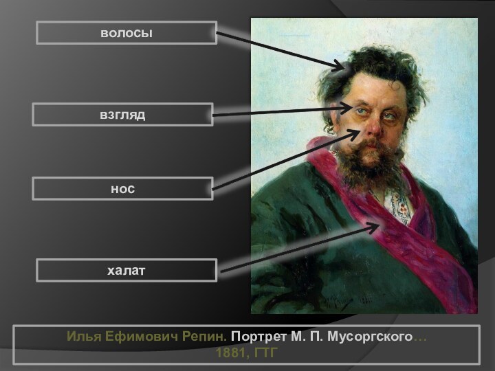 Илья Ефимович Репин. Портрет М. П. Мусоргского…1881, ГТГволосывзглядносхалат