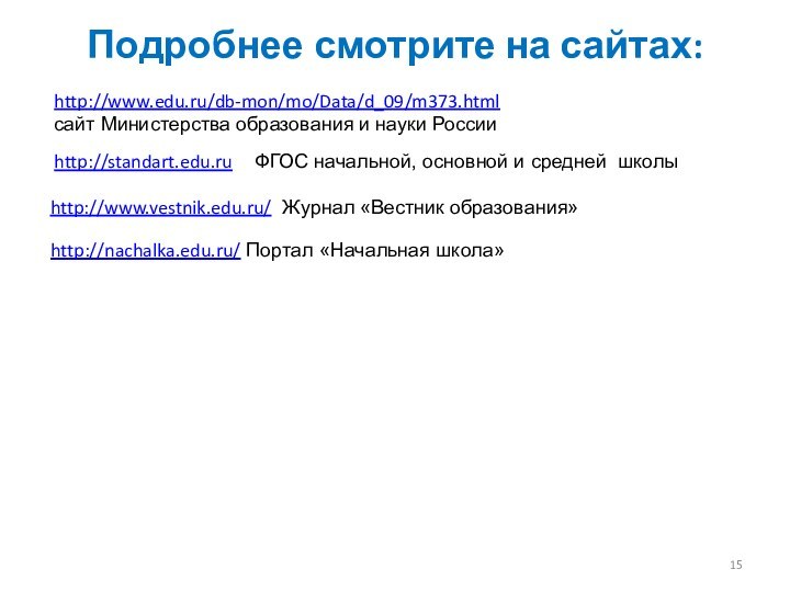 Подробнее смотрите на сайтах:http://standart.edu.ru  ФГОС начальной, основной и средней школыhttp://nachalka.edu.ru/ Портал