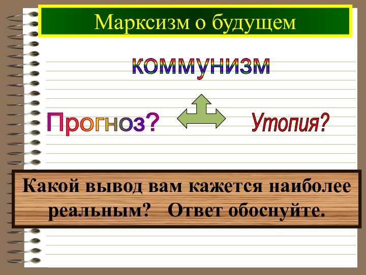 Марксизм о будущемкоммунизм Какой вывод вам кажется наиболее реальным?  Ответ обоснуйте.