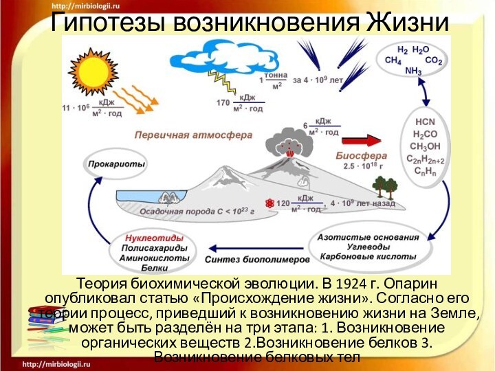 Гипотезы возникновения ЖизниТеория биохимической эволюции. В 1924 г. Опарин опубликовал статью «Происхождение