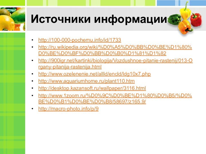 Источники информацииhttp://100-000-pochemu.info/id/1733http://ru.wikipedia.org/wiki/%D0%A5%D0%BB%D0%BE%D1%80%D0%BE%D0%BF%D0%BB%D0%B0%D1%81%D1%82http:///kartinki/biologija/Vozdushnoe-pitanie-rastenij/013-Organy-pitanija-rastenija.htmlhttp://www.ozelenenie.net/allld/encld/ldg10x7.phphttp://www.aquariumhome.ru/plant110.htmhttp://desktop.kazansoft.ru/wallpaper/3116.htmlhttp://www.1zoom.ru/%D0%9C%D0%BE%D1%80%D0%B5/%D0%BE%D0%B1%D0%BE%D0%B8/58697/z165.9/http://macro-photo.info/p/9