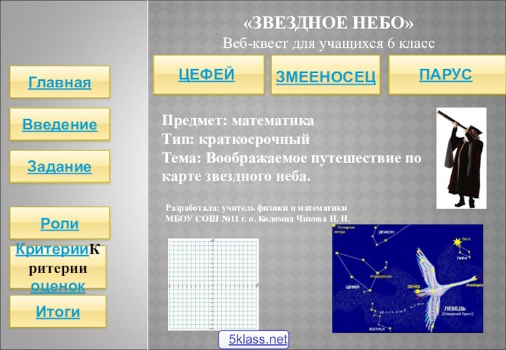 ГлавнаяВведениеЗаданиеРолиКритерииКритерии оценокИтоги«ЗВЕЗДНОЕ НЕБО»Веб-квест для учащихся 6 классПредмет: математикаТип: краткосрочныйТема: Воображаемое путешествие по