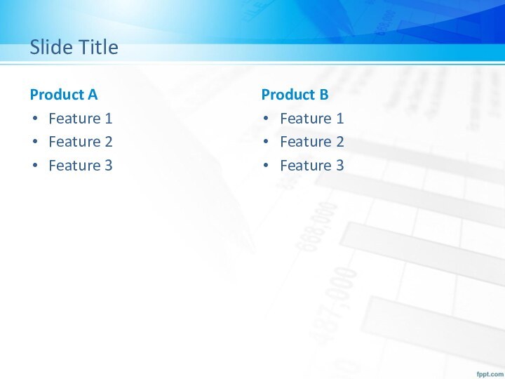 Slide TitleProduct AFeature 1Feature 2Feature 3Product BFeature 1Feature 2Feature 3