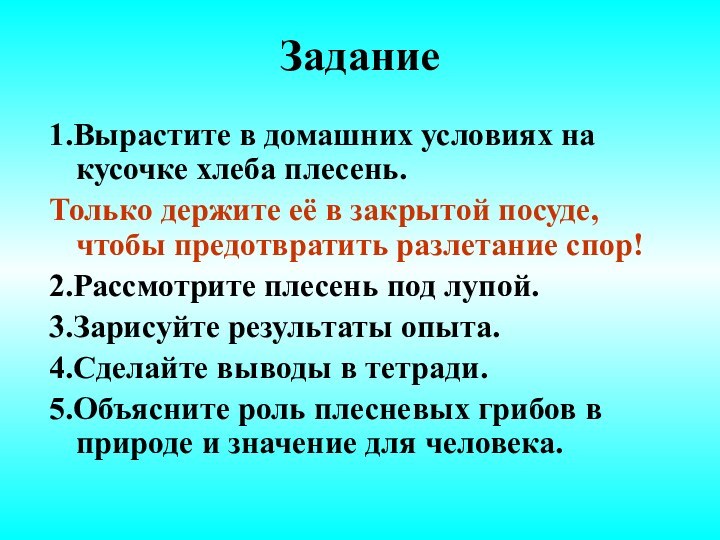 Задание1.Вырастите в домашних условиях на кусочке хлеба плесень.Только держите её в закрытой