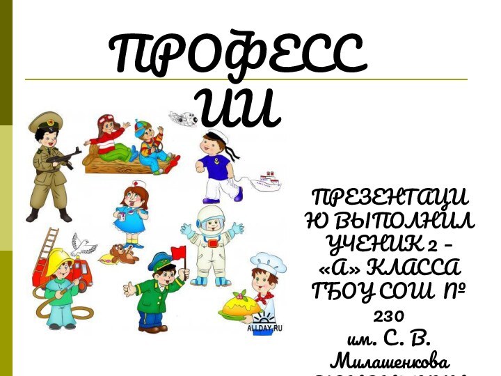 ПРОФЕССИИПРЕЗЕНТАЦИЮ ВЫПОЛНИЛУЧЕНИК 2 – «А» КЛАССАГБОУ СОШ № 230 им. С. В. МилашенковаКОНОНЫХИН МАРК