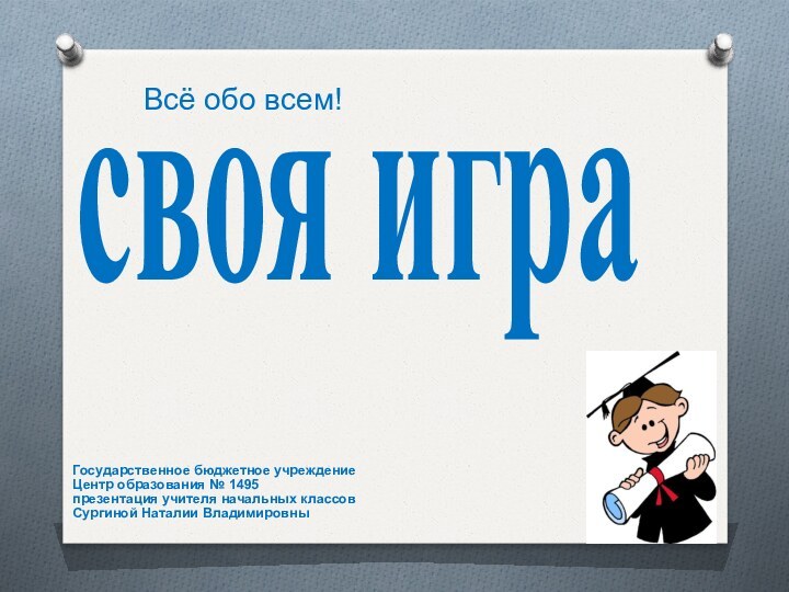 Всё обо всем!Государственное бюджетное учреждениеЦентр образования № 1495презентация учителя начальных классовСургиной Наталии Владимировнысвоя игра