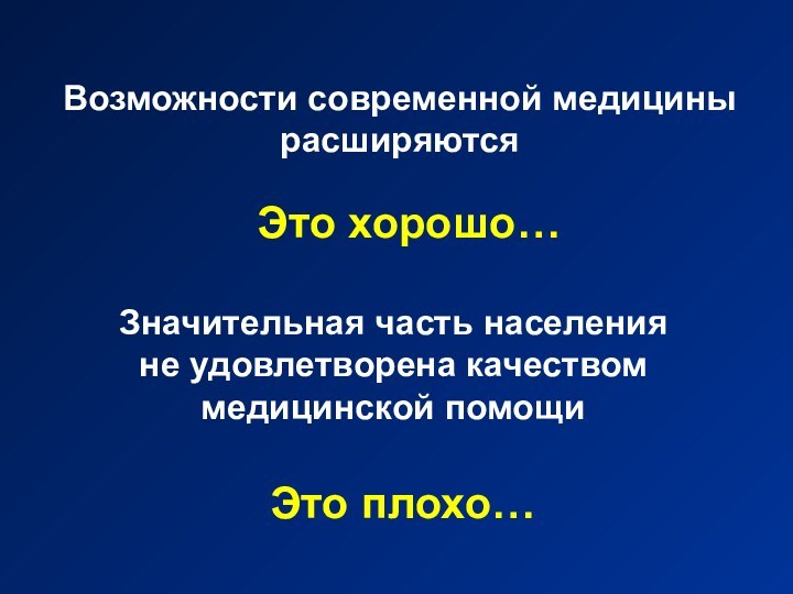 Это хорошо…Возможности современной медицины расширяютсяЗначительная часть населения не удовлетворена качеством медицинской помощиЭто плохо…