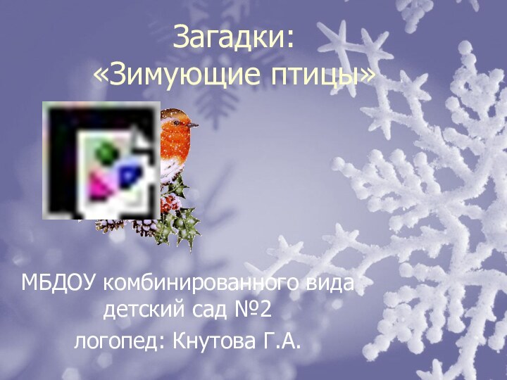 Загадки:  «Зимующие птицы» МБДОУ комбинированного вида детский сад №2 логопед: Кнутова Г.А.