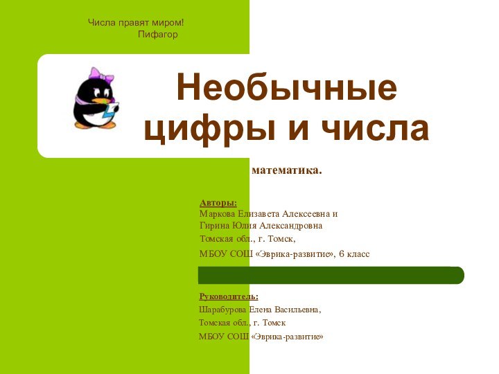 Необычные цифры и числа  математика. Авторы:Маркова Елизавета Алексеевна и Гирина