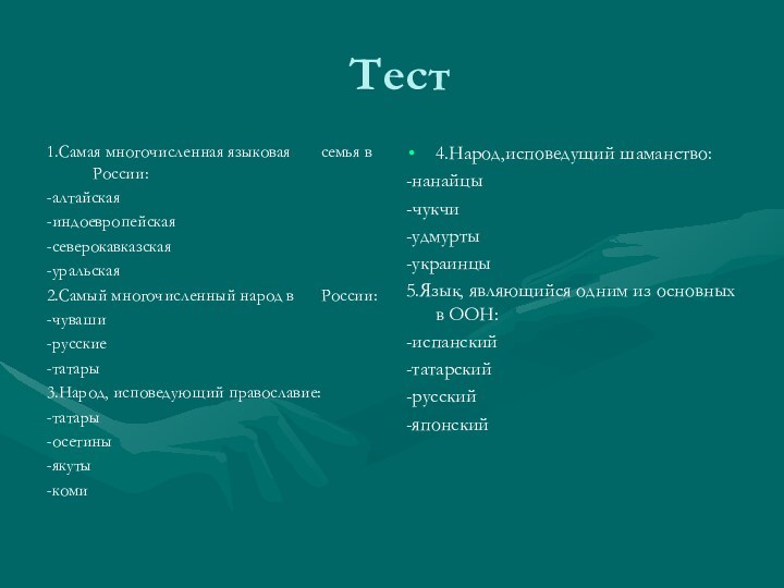 Тест1.Самая многочисленная языковая	семья в России:-алтайская-индоевропейская-северокавказская-уральская2.Самый многочисленный народ в 	России:-чуваши-русские-татары3.Народ, исповедующий православие:-татары-осетины-якуты-коми 4.Народ,исповедущий