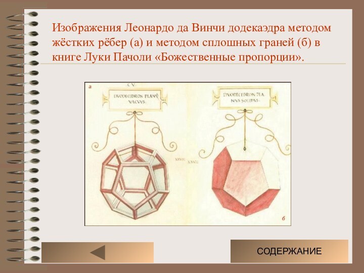 Изображения Леонардо да Винчи додекаэдра методом жёстких рёбер (а) и методом сплошных