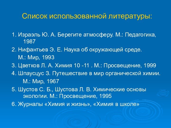 Список использованной литературы:1. Израэль Ю. А. Берегите атмосферу. М.: Педагогика, 19872. Нифантьев