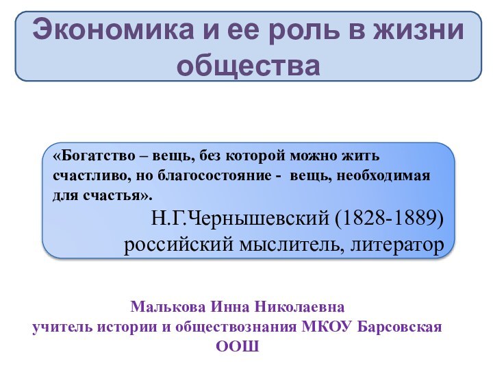 Экономика и ее роль в жизни обществаМалькова Инна Николаевна учитель истории и