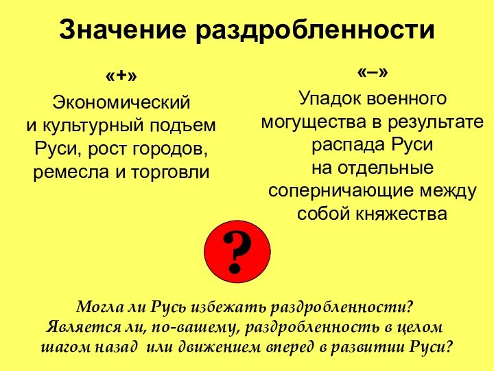 Значение раздробленности«+»Экономический и культурный подъем Руси, рост городов, ремесла и торговли«–»Упадок военного