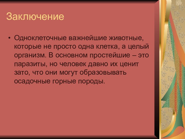 ЗаключениеОдноклеточные важнейшие животные, которые не просто одна клетка, а целый организм. В