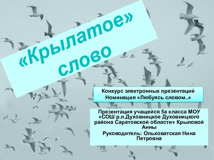 «Крылатое» словоПрезентация учащейся 5а класса МОУ «СОШ р.п.Духовницкое Духовницкого района Саратовской области»