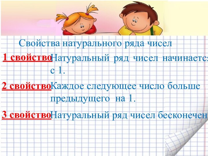 Свойства натурального ряда чисел1 свойствоНатуральный ряд чисел начинается