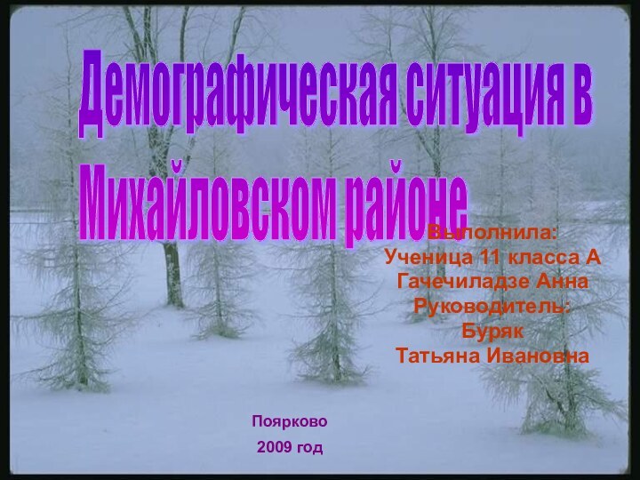 Демографическая ситуация в  Михайловском районеВыполнила:Ученица 11 класса АГачечиладзе АннаРуководитель:Буряк Татьяна ИвановнаПоярково2009 год